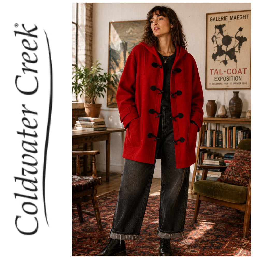 Vtg Y2K Coldwater Creek Plus 2X Red Boiled Wool Hooded Toggle Duffle Coat